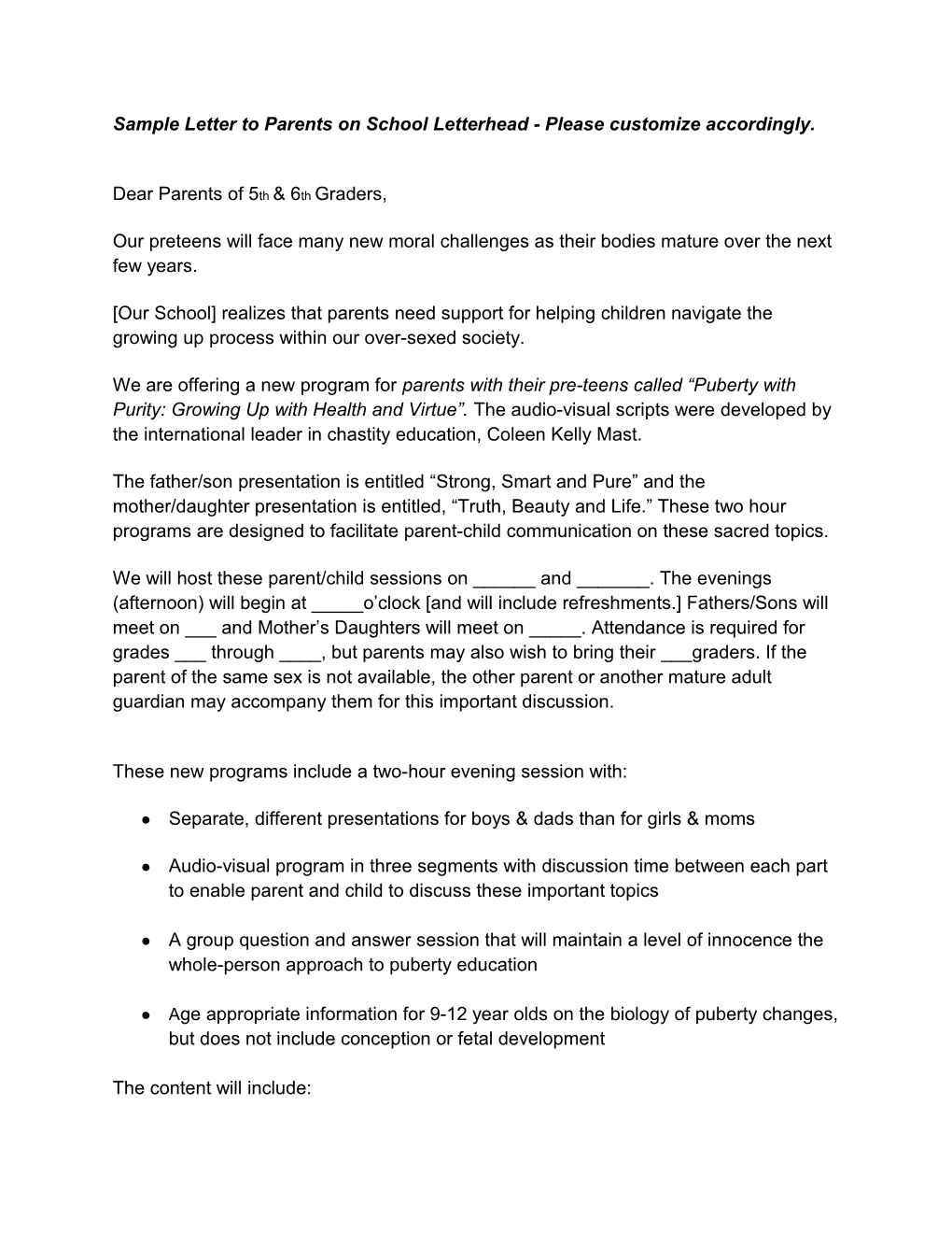 Sample Letter to Parents on School Letterhead - Please Customize Accordingly