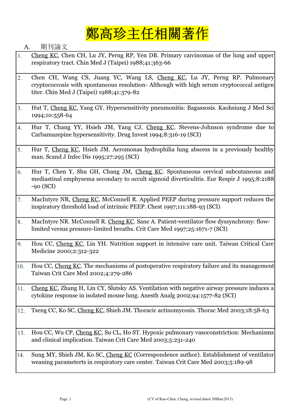 Page. 1 (CV of Kuo-Chen,Cheng, Revised Dated 30Marc2015)