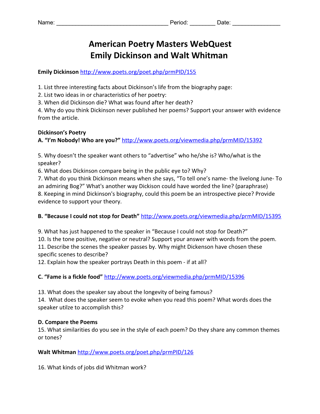 American Poetry Masters Webquest Emily Dickinson and Walt Whitman