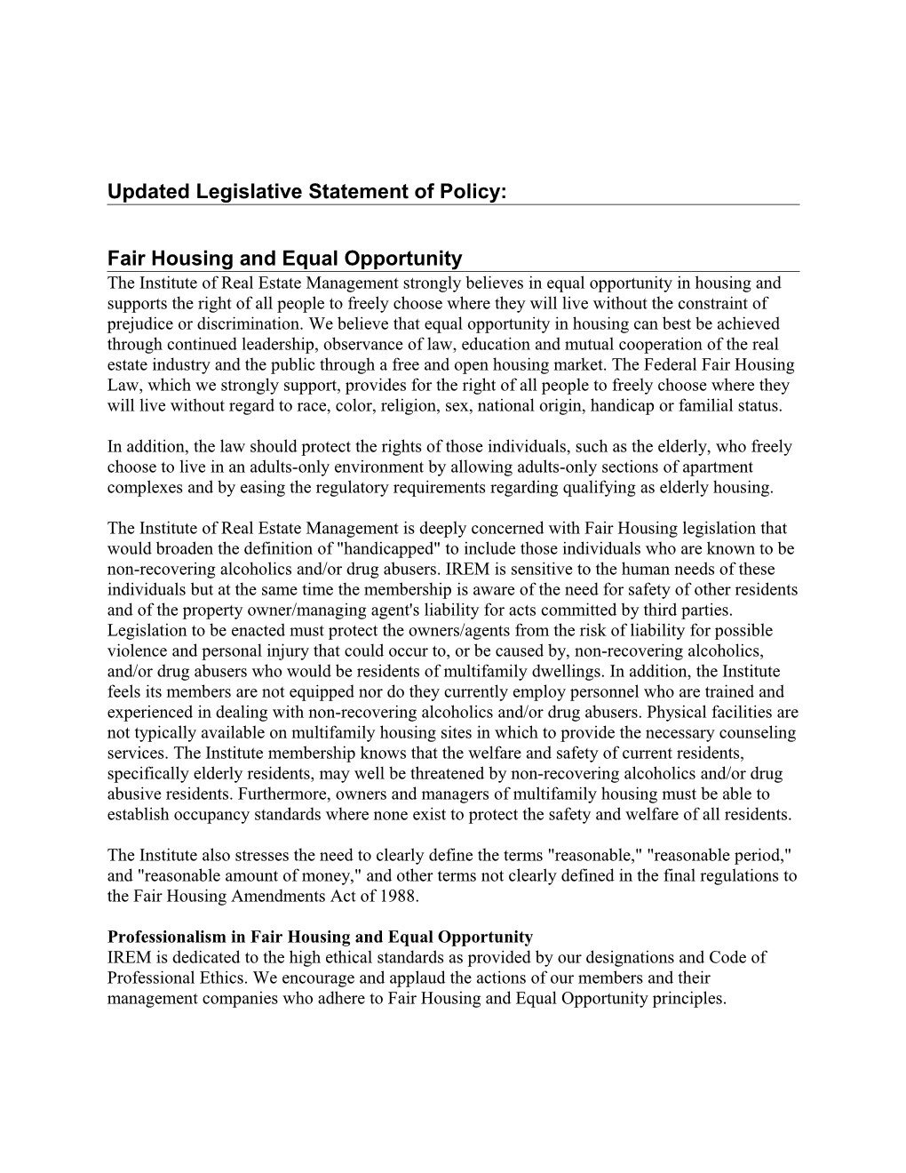 Updated Legislative Statement of Policy