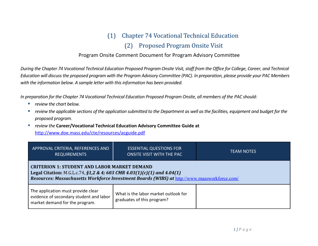 Proposed Program Onsite Visit