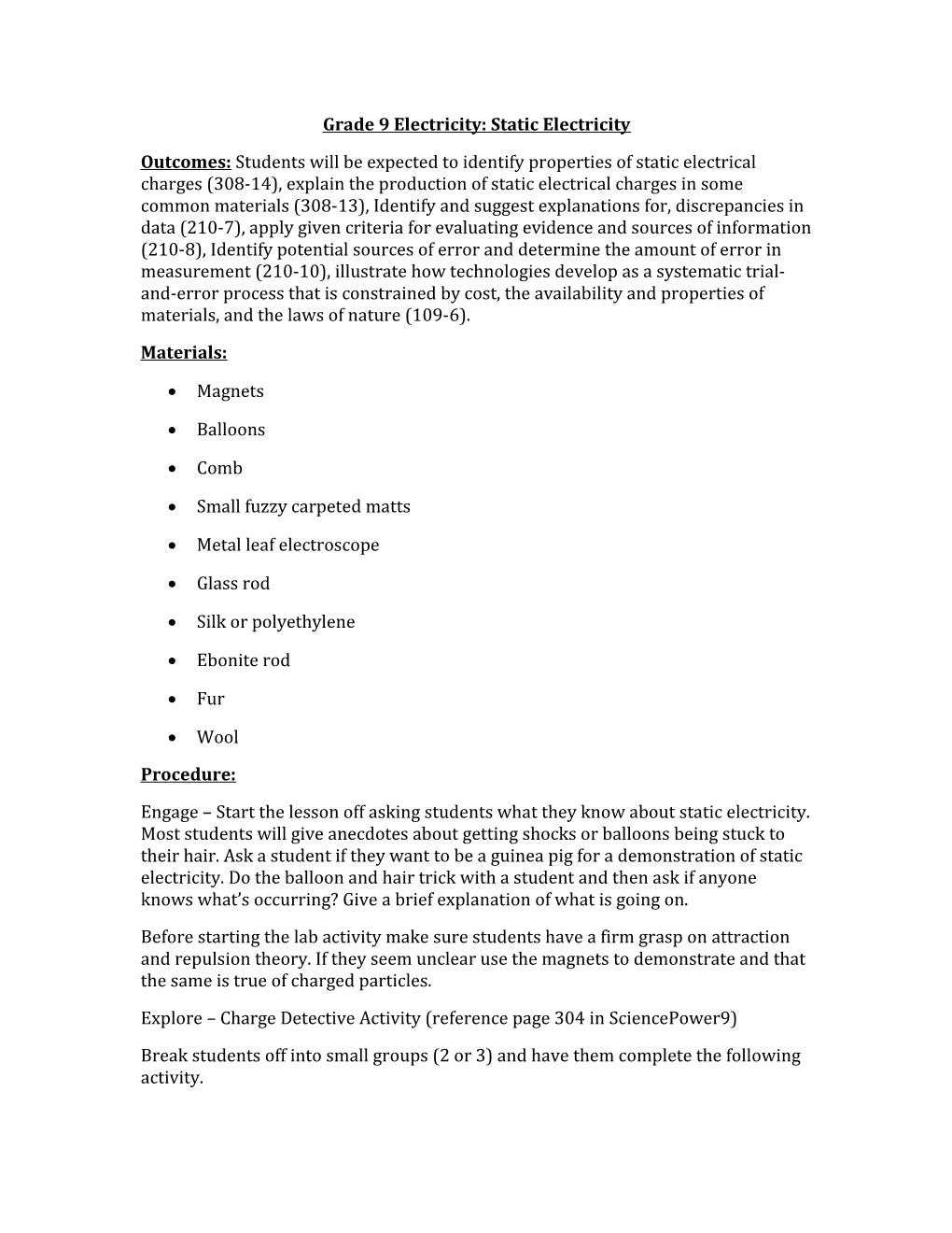 Grade 9 Electricity: Static Electricity