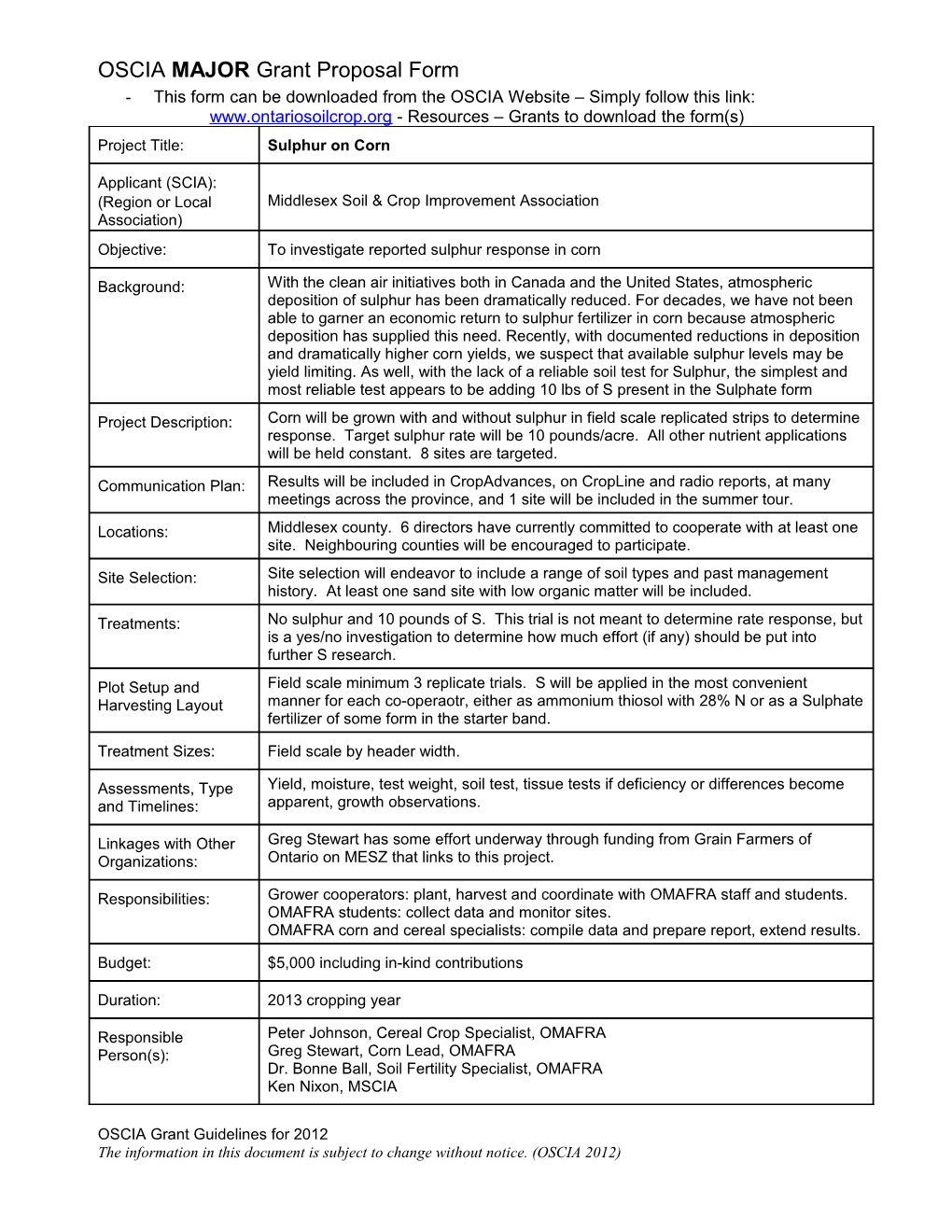 OSCIA MAJOR Grant Proposal Form