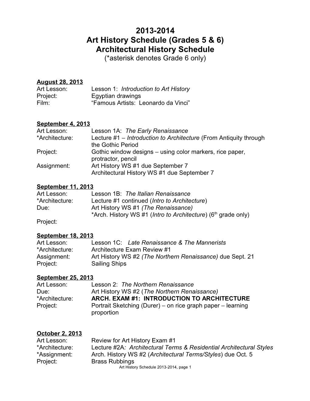 Art History Schedule (Grades 5 & 6)