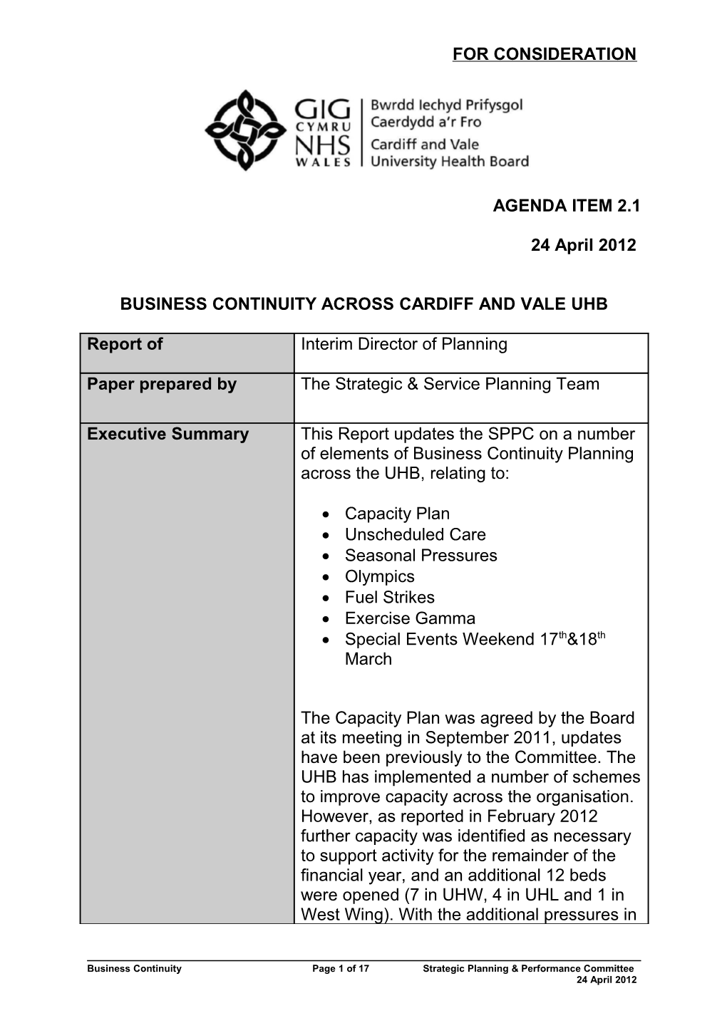 Business Continuity Across Cardiff and Vale Uhb