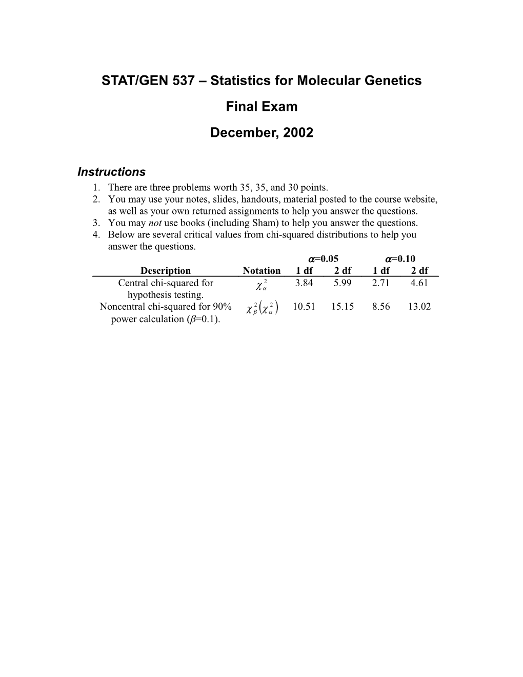 STAT/GEN 537 Statistics for Molecular Genetics
