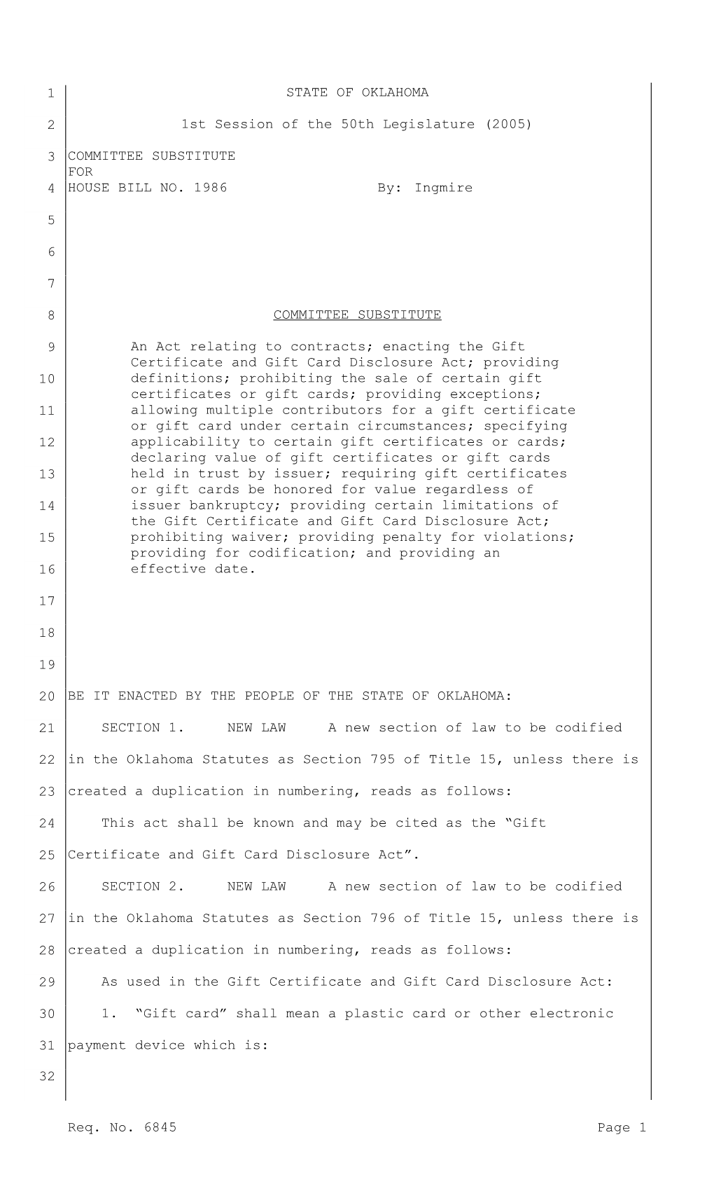 Short Title: Contracts; Gift Certificate Disclosure Act; Codification; Effective Date