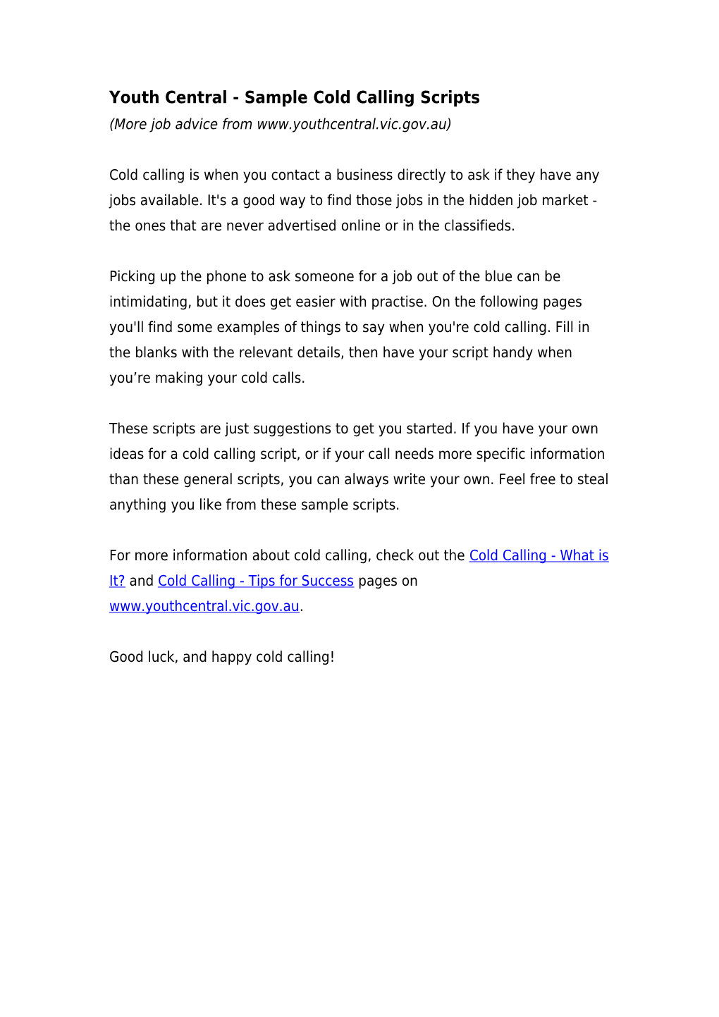 Youth Central - Sample Cold Calling Scripts (More Job Advice From