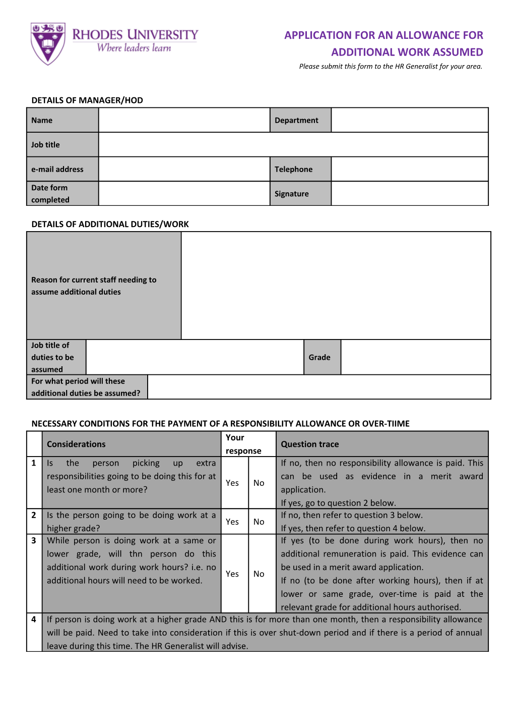 Please Submit This Form to the HR Generalist for Your Area