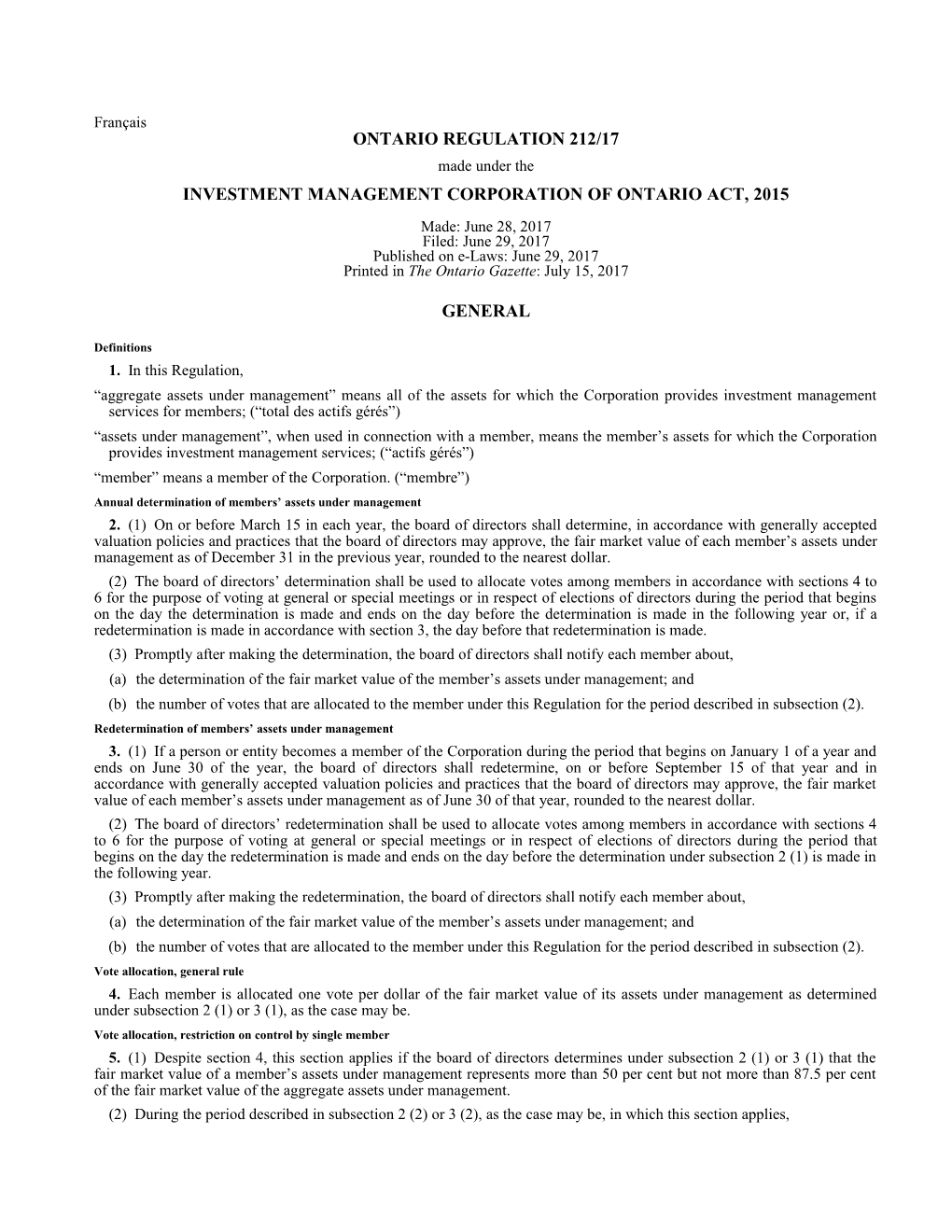 INVESTMENT MANAGEMENT CORPORATION of ONTARIO ACT, 2015 - O. Reg. 212/17