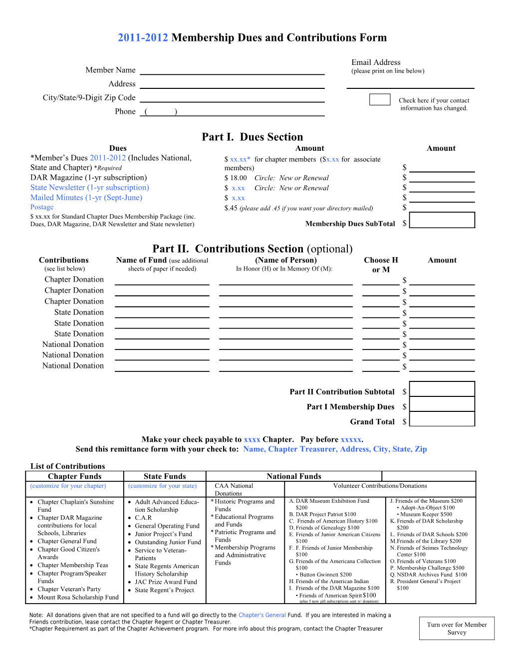 2003-2004 Mount Rosa Chapter, NSDAR Dues Form