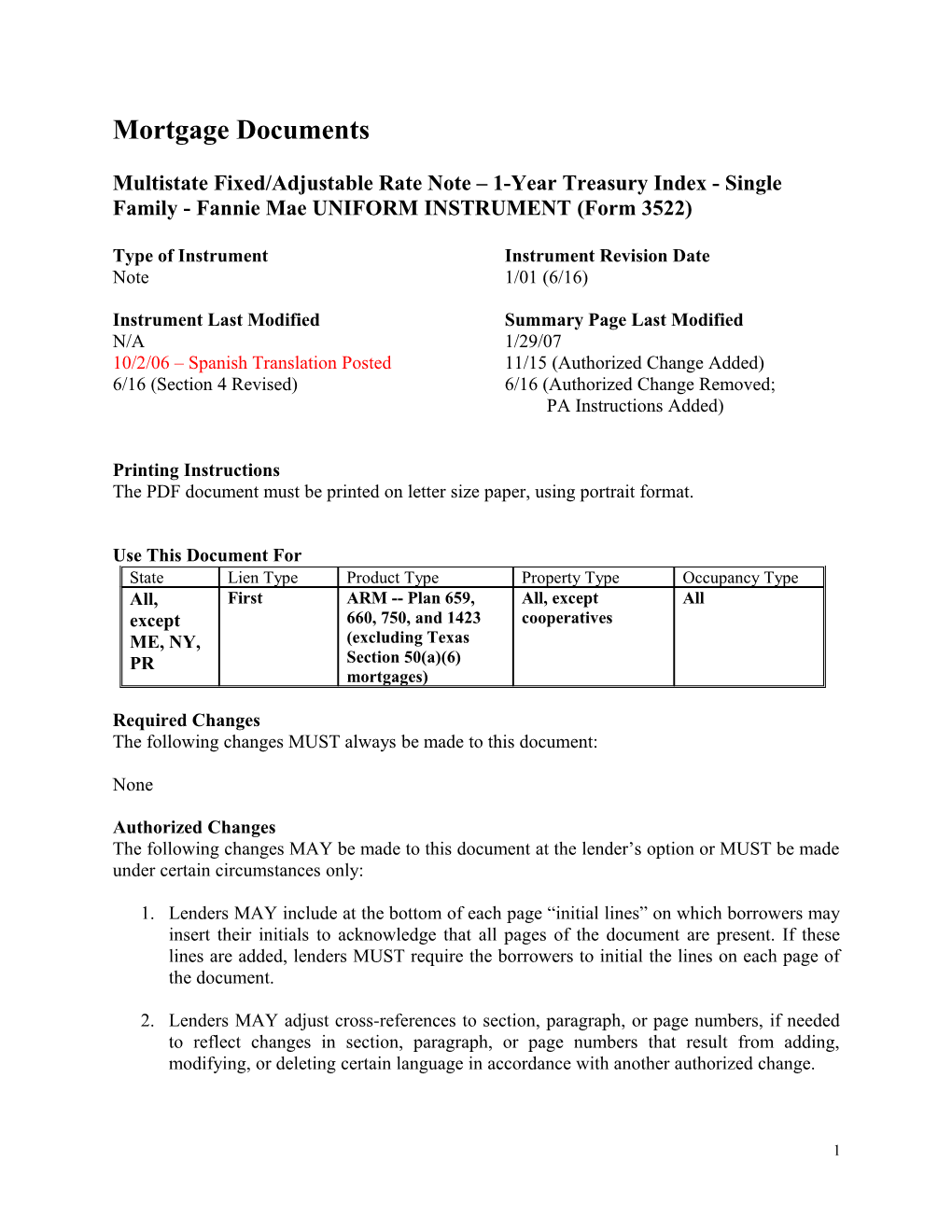 Summary: Multistate Fixed/Adjustable Rate Note - 1 Year Treasury Index