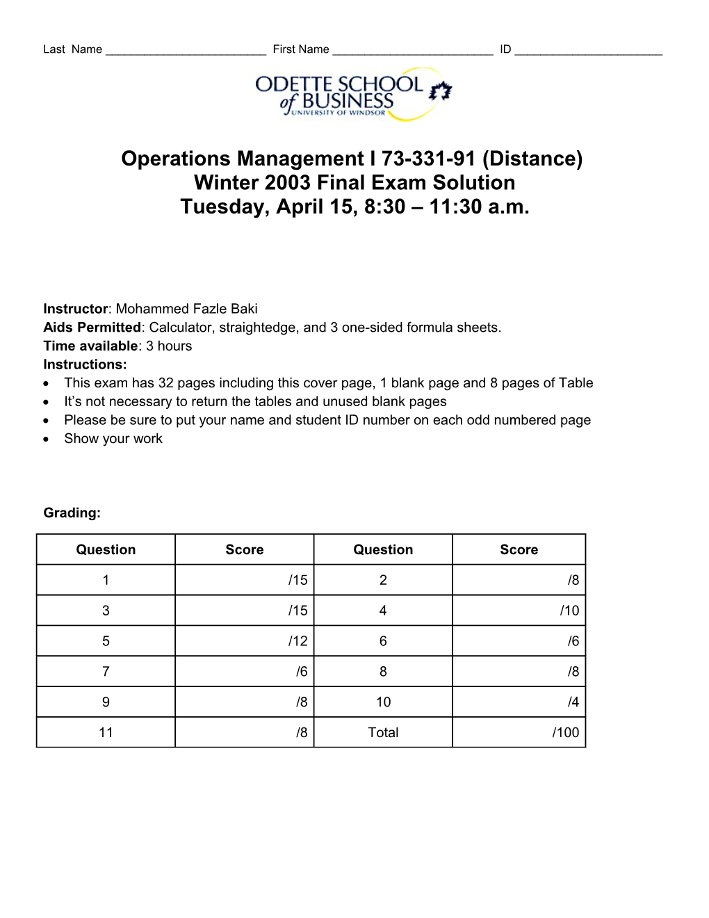 Operations Management I 73-331-91 (Distance)