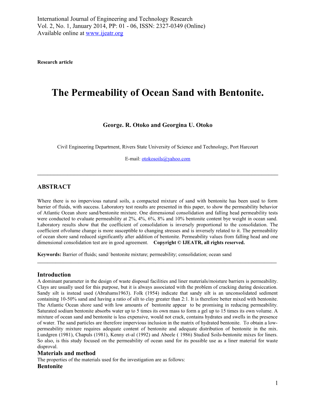The Permeability of Ocean Sand with Bentonite