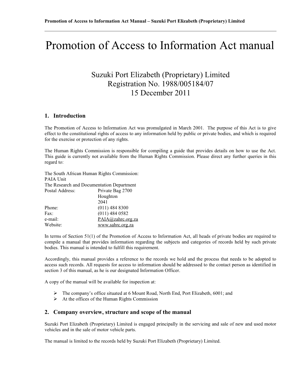 Promotion of Access to Information Act Manual