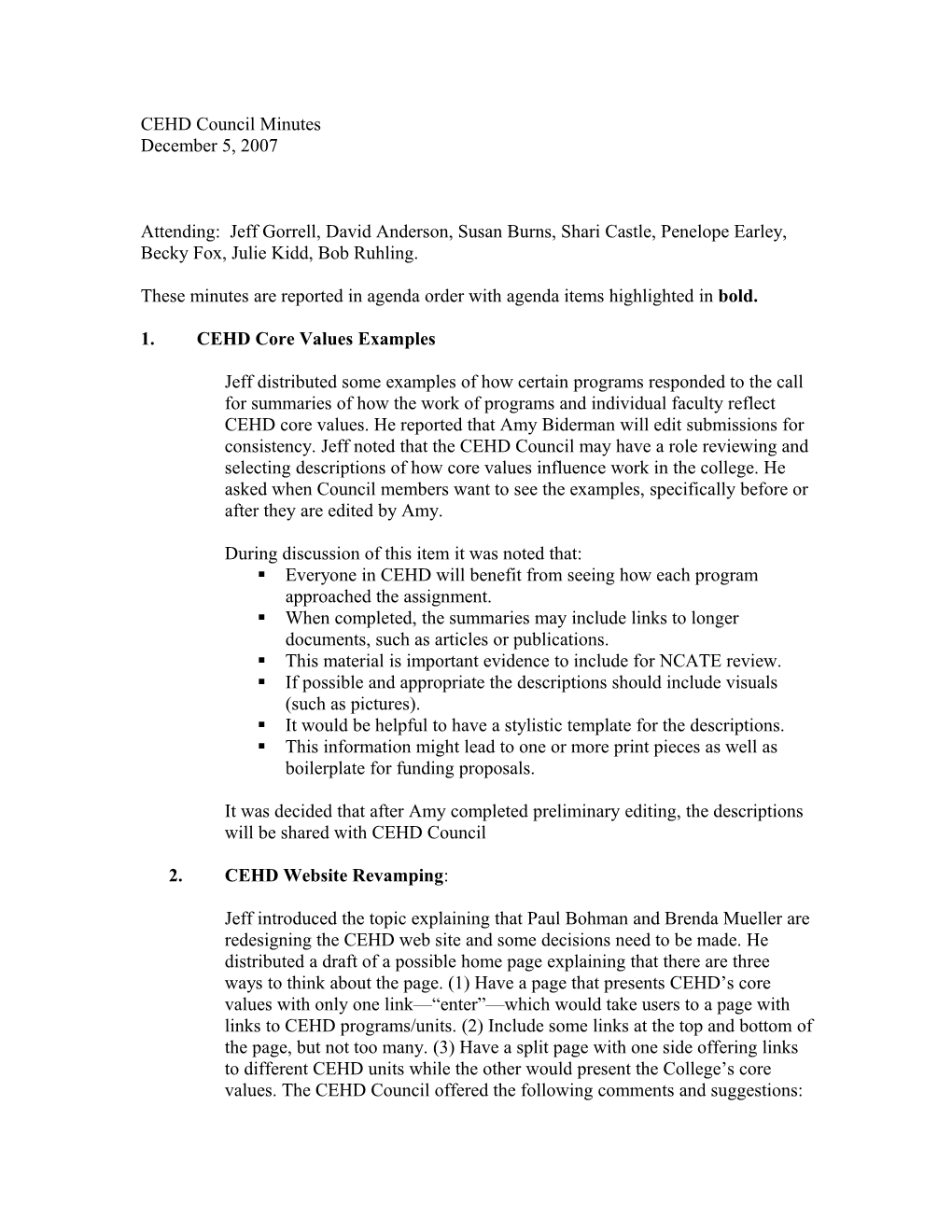 CEHD Council Minutes