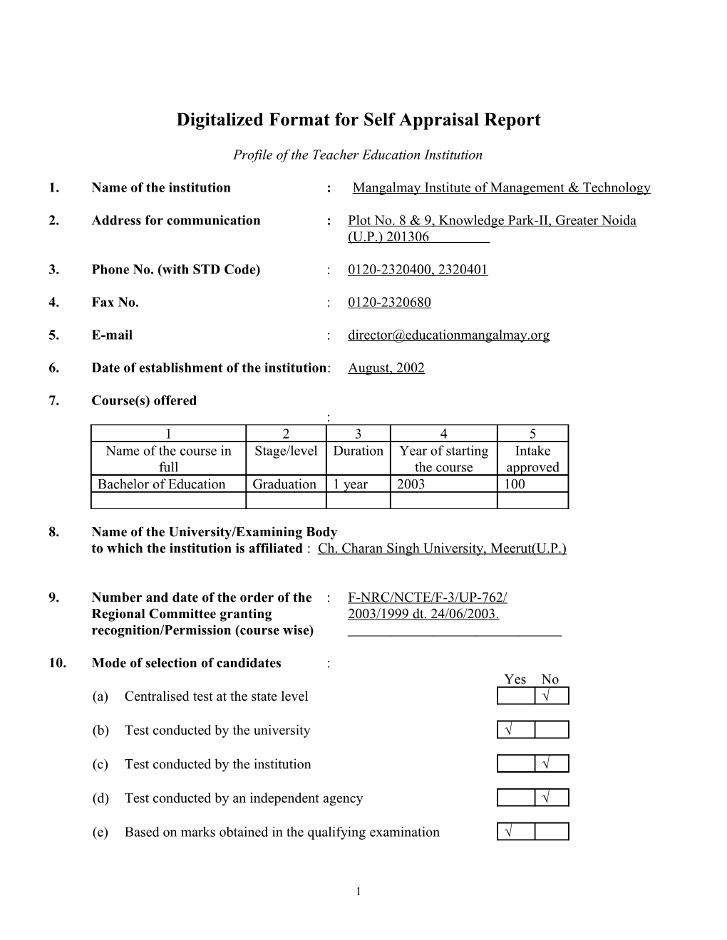 Digitalized Format for Self Appraisal Report