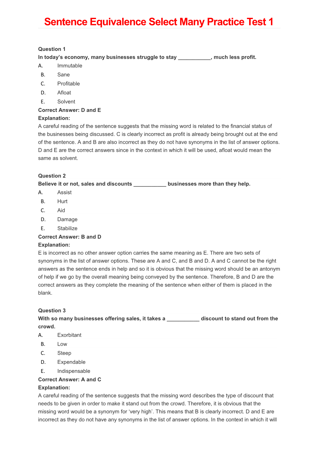 Sentence Equivalence Select Many Practice Test 1