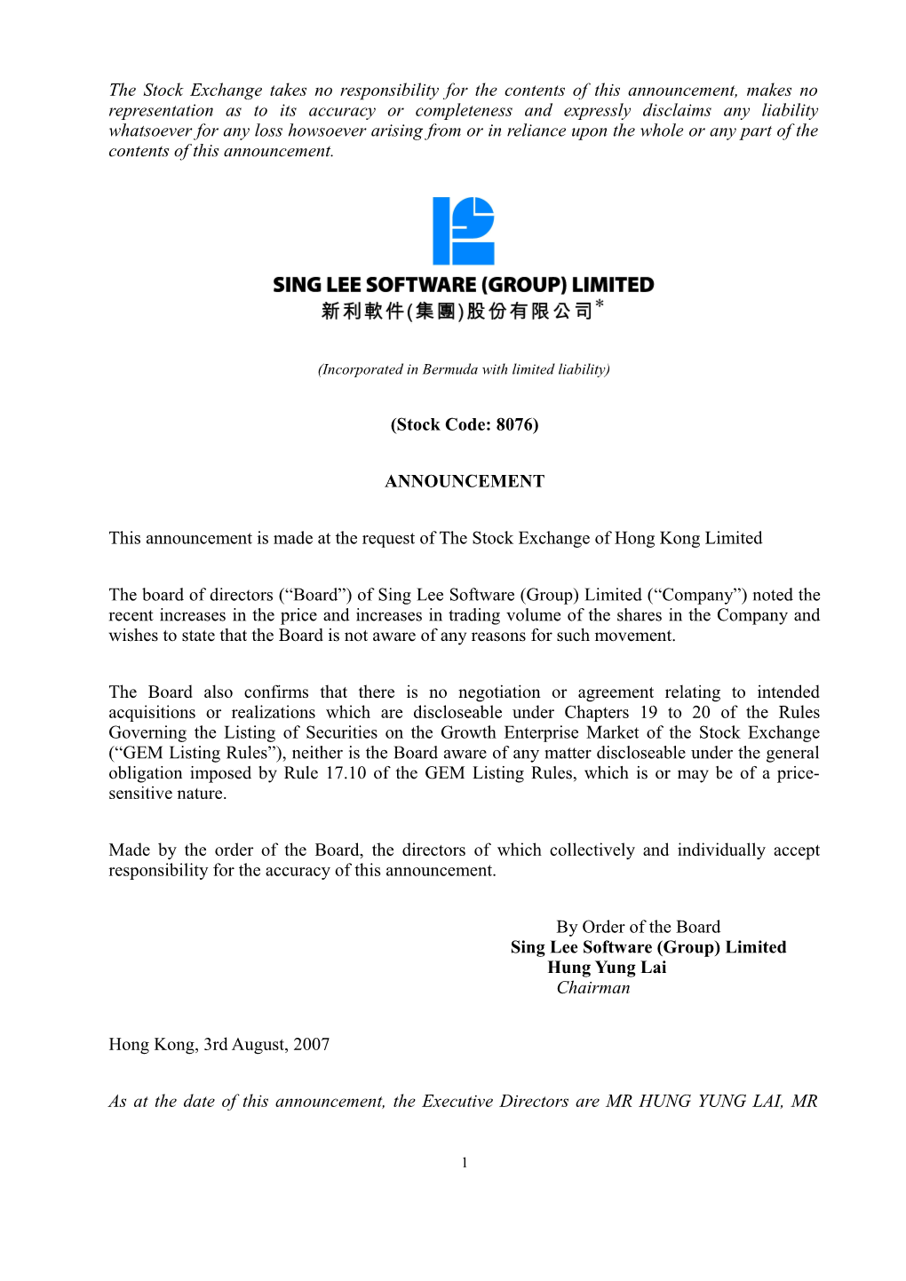 This Announcement Is Made at the Request of the Stock Exchange of Hong Kong Limited ( Stock