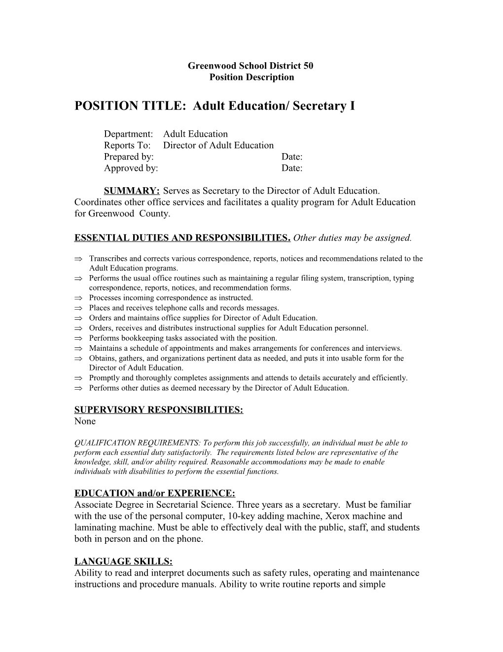 Greenwood School District 50 Position Description