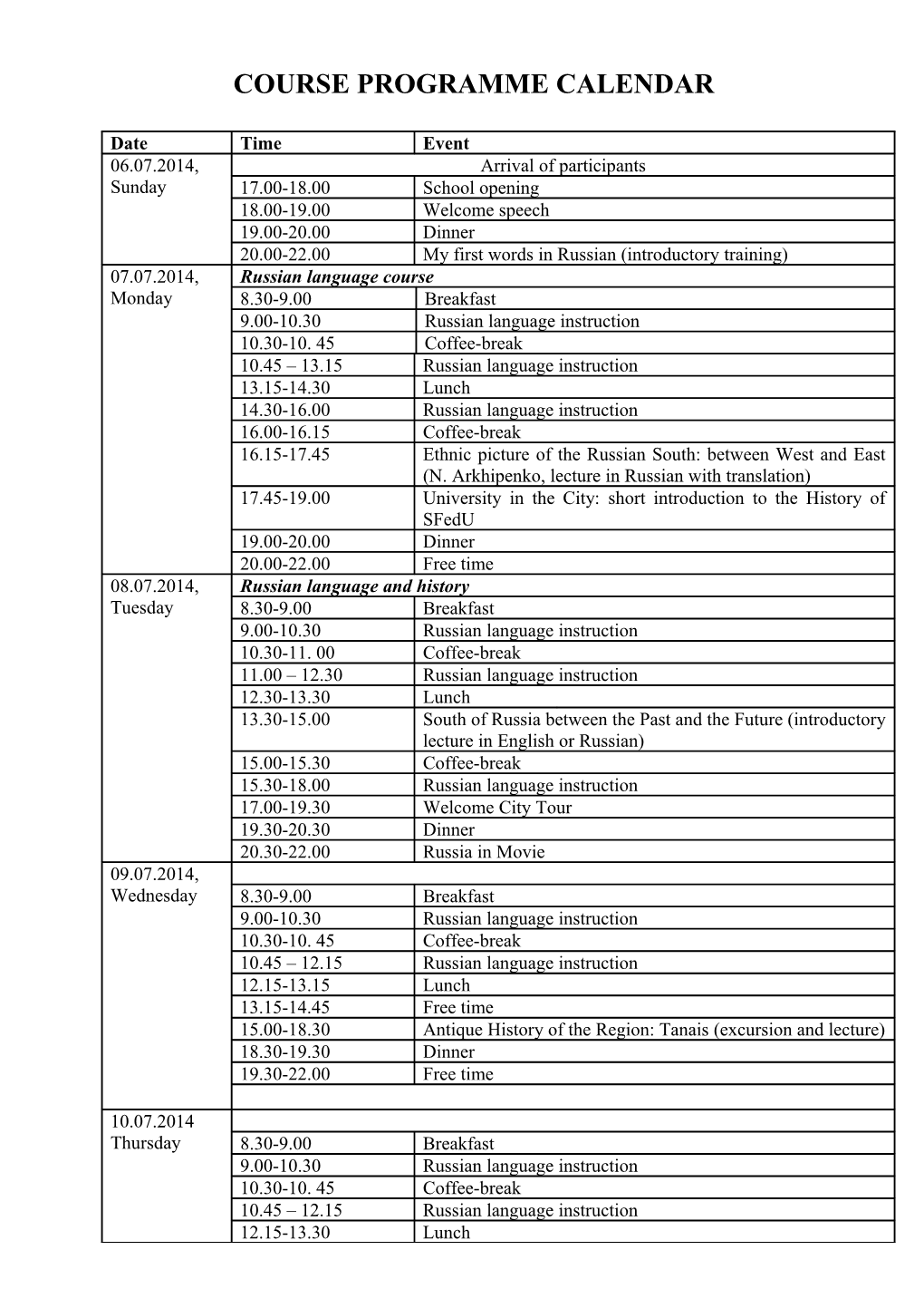 Course Programme Calendar