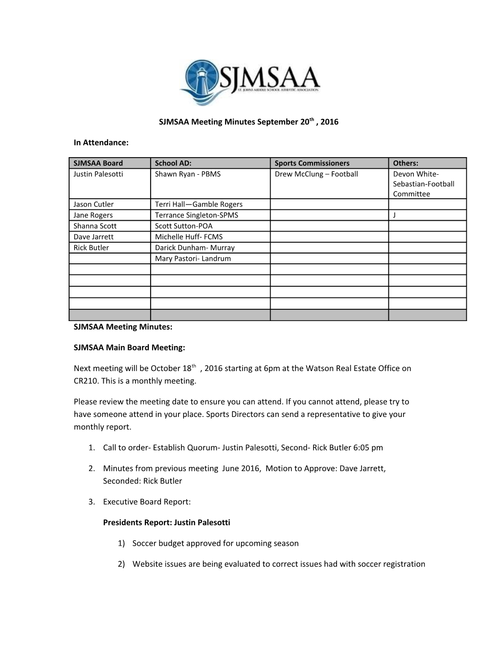 SJMSAA Meeting Minutes September 20Th, 2016