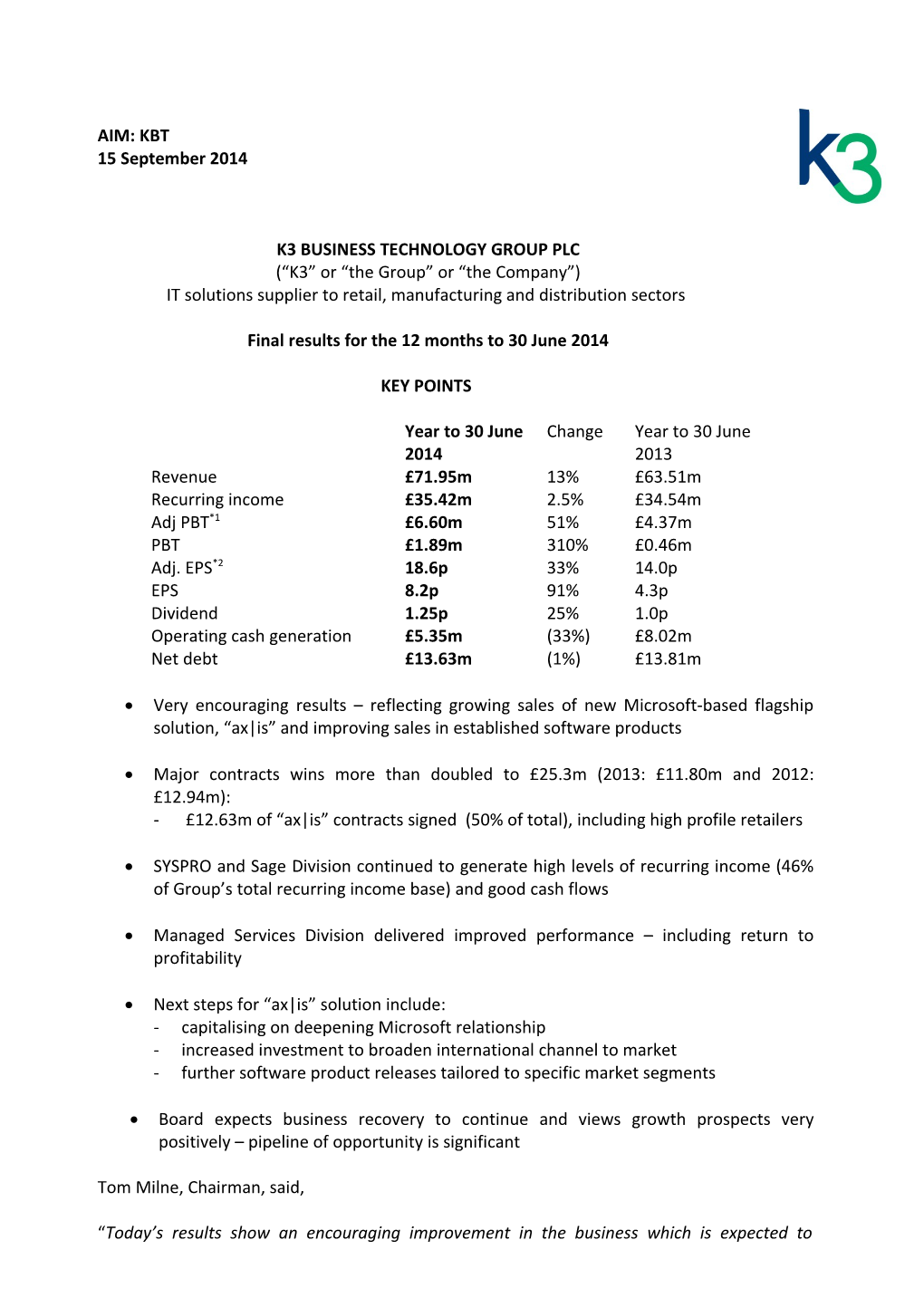 K3 Business Technology Group Plc