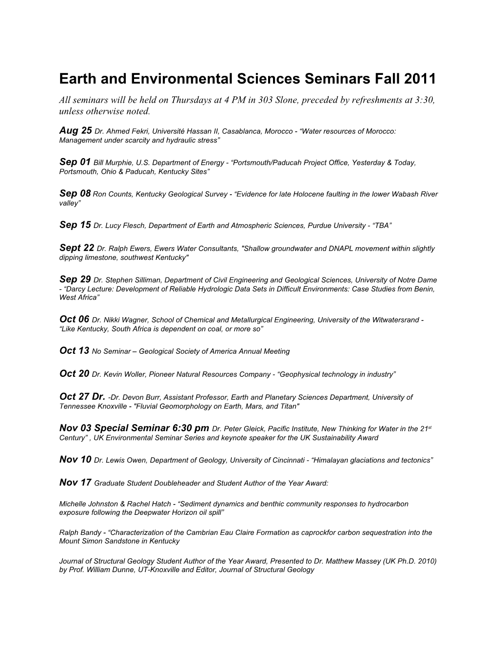 Earth and Environmental Sciences Seminars Fall 2011