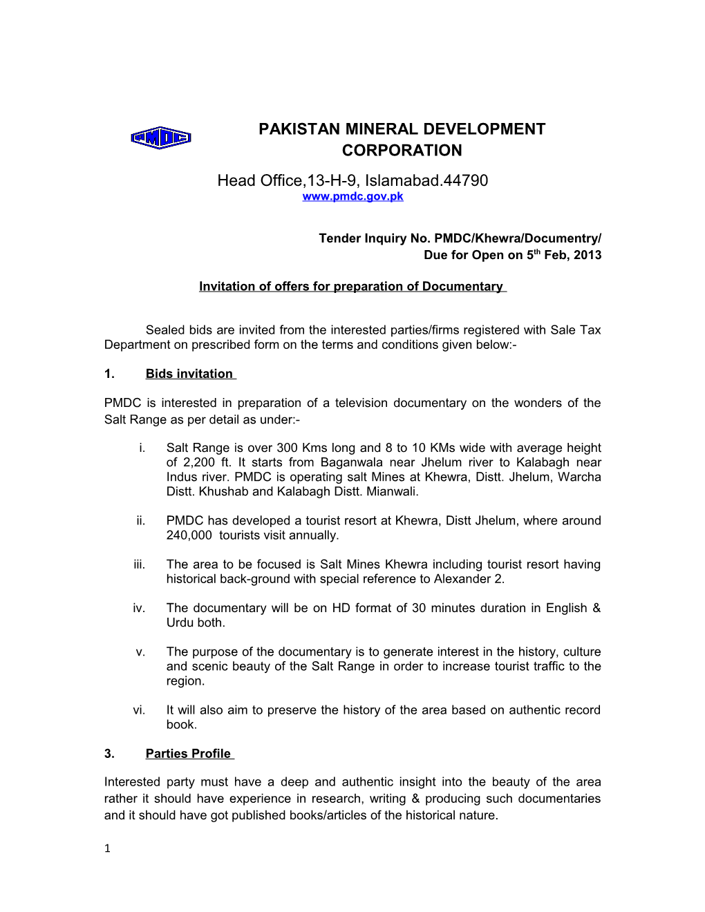 Tender Inquiry No. PMDC/Khewra/Documentry