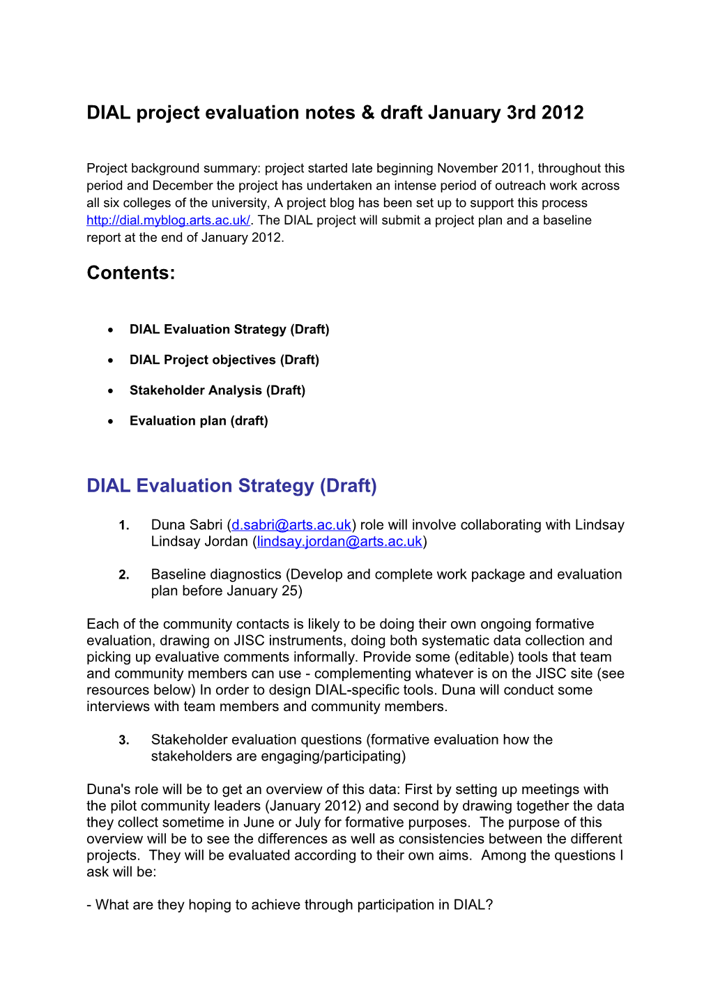 DIAL Project Evaluation Notes & Draft January 3Rd 2012