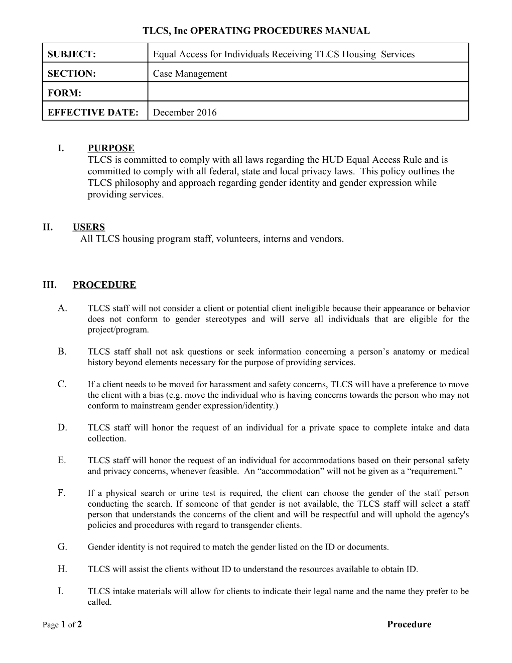 TLCS, Inc OPERATING PROCEDURES MANUAL