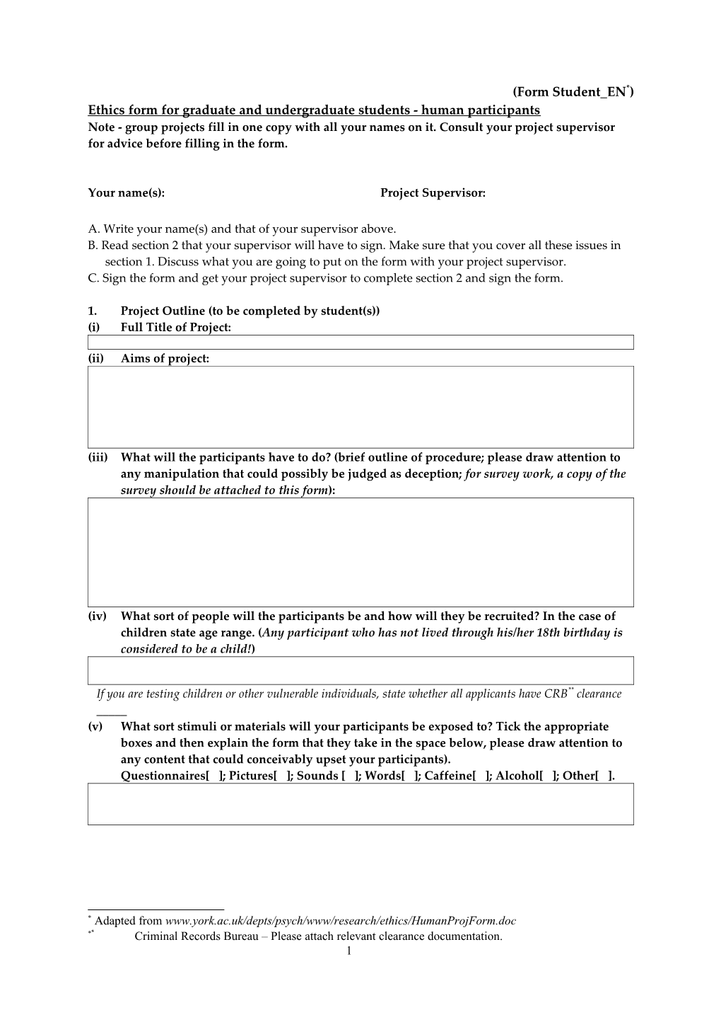 Ethics Form for Graduate and Undergraduate Students - Human Participants