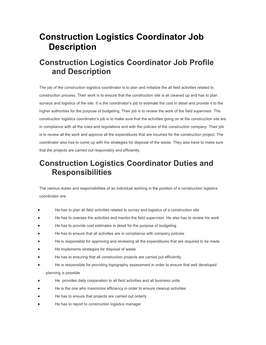 Construction Logistics Coordinator Job Description