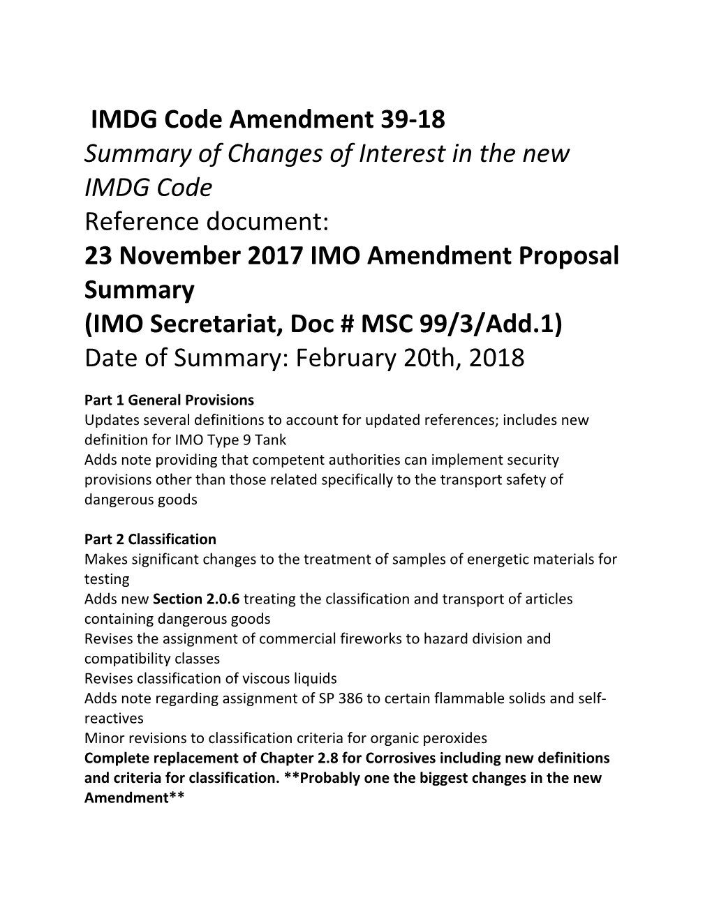 Summary of Changes of Interest in the New IMDG Code