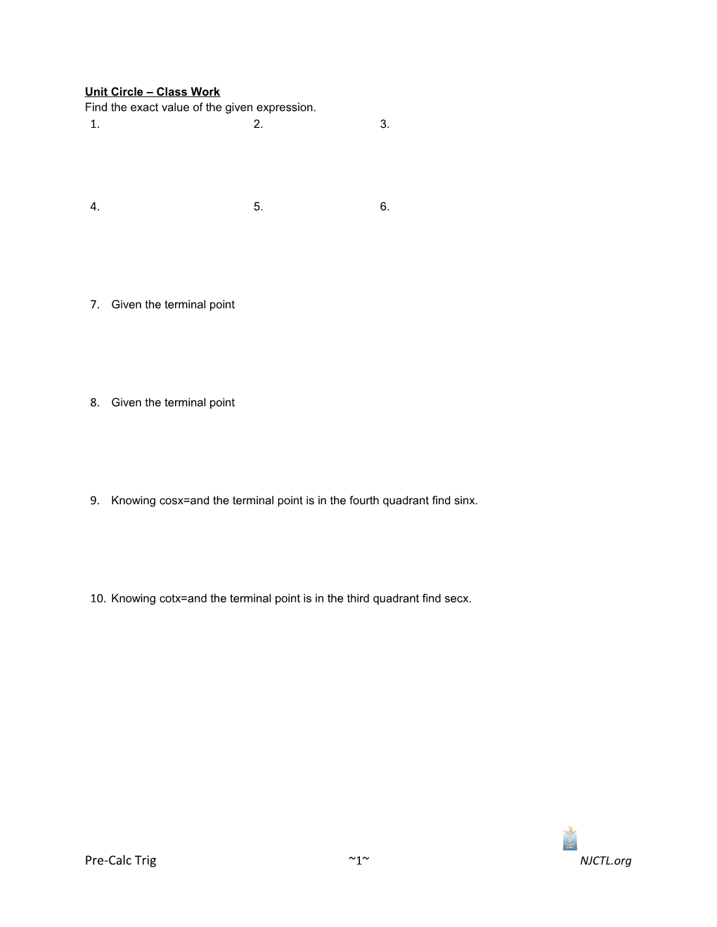 Unit Circle Class Work