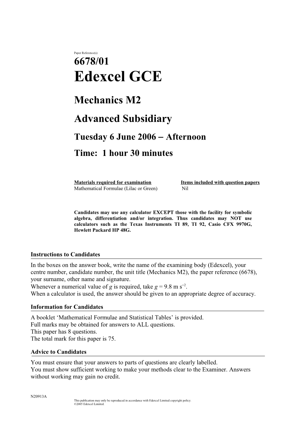 June 2006 - 6678 Mechanics M2 - Question Paper