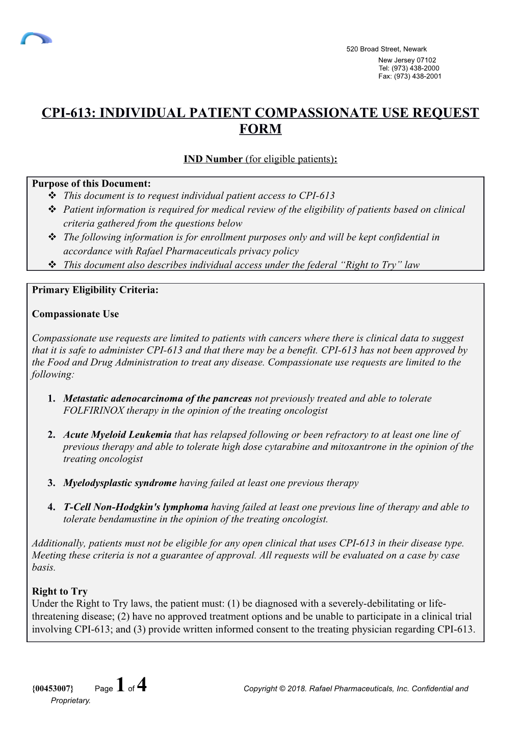 Cpi-613: Individual Patient Compassionate Use Request Form