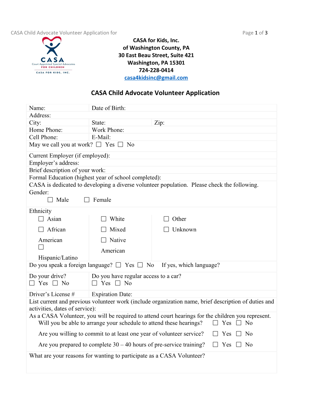 CASA Child Advocate Volunteer Application for Formtextpage 1 of 3