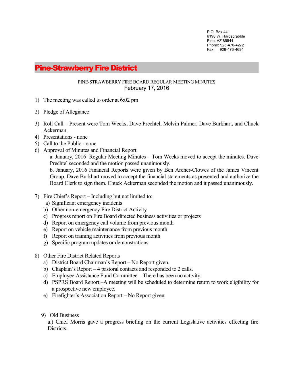 Pine-Strawberry Fire Board Regular Meeting Minutes