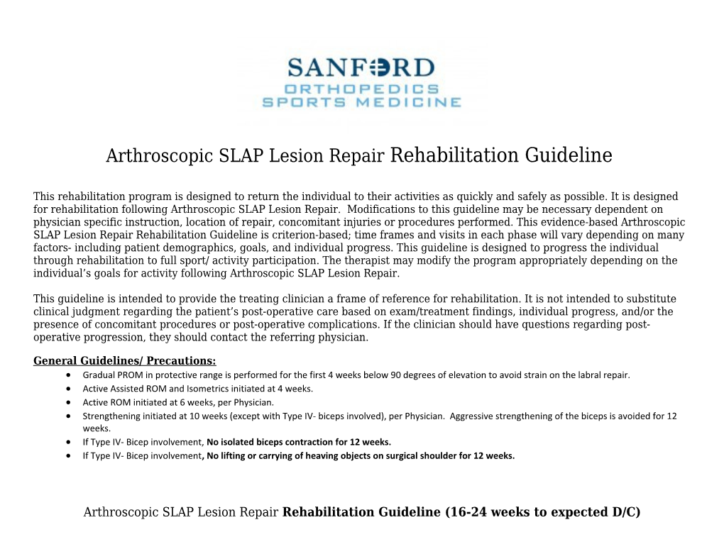 Arthroscopic SLAP Lesion Repair Rehabilitation Guideline