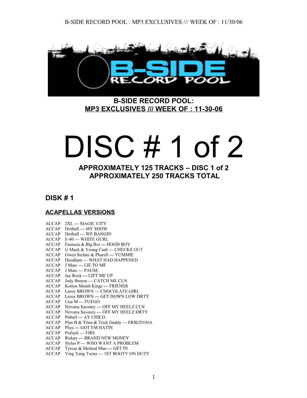 B-Side Record Pool : Mp3 Exclusives Week of : 11/30/06