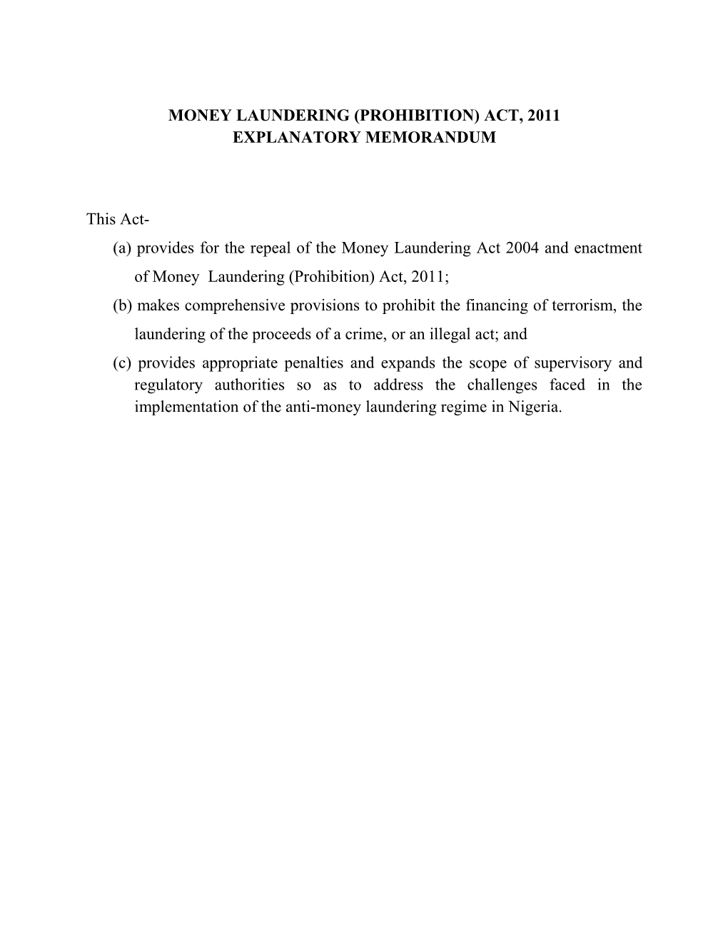 Money Laundering (Prohibition) Act, 2011
