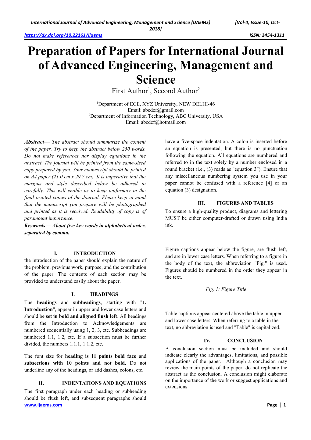Preparation of Papers for International Journal of Advancedengineering, Management and Science
