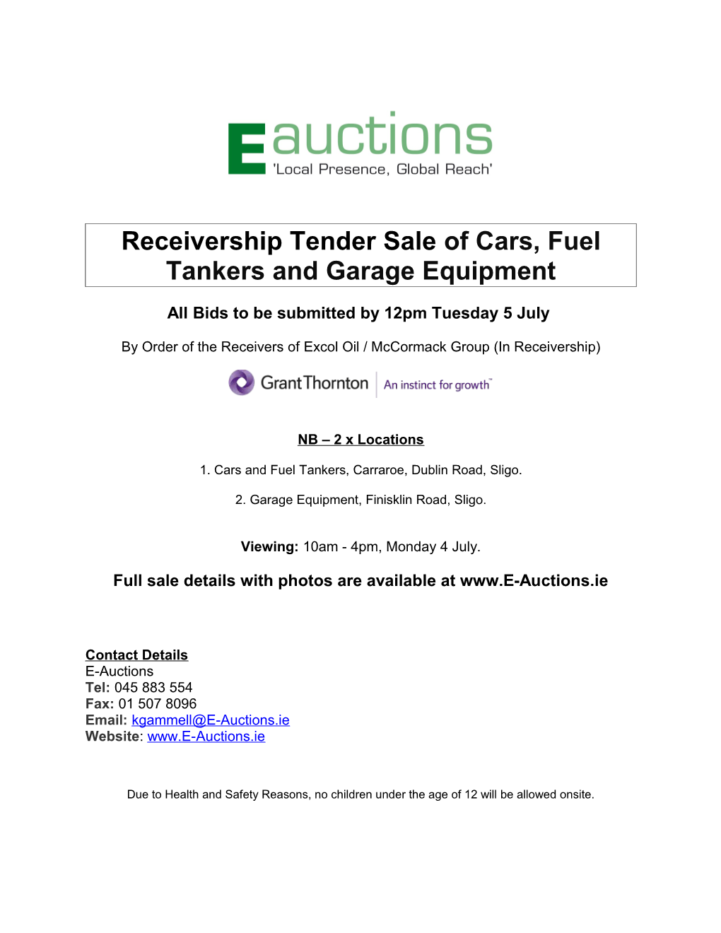 Receivership Tender Sale of Cars, Fuel Tankers and Garage Equipment