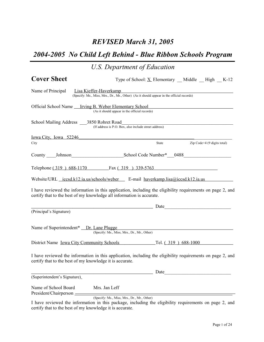 Irving B. Weber Elementary School Application: 2004-2005, No Child Left Behind - Blue Ribbon