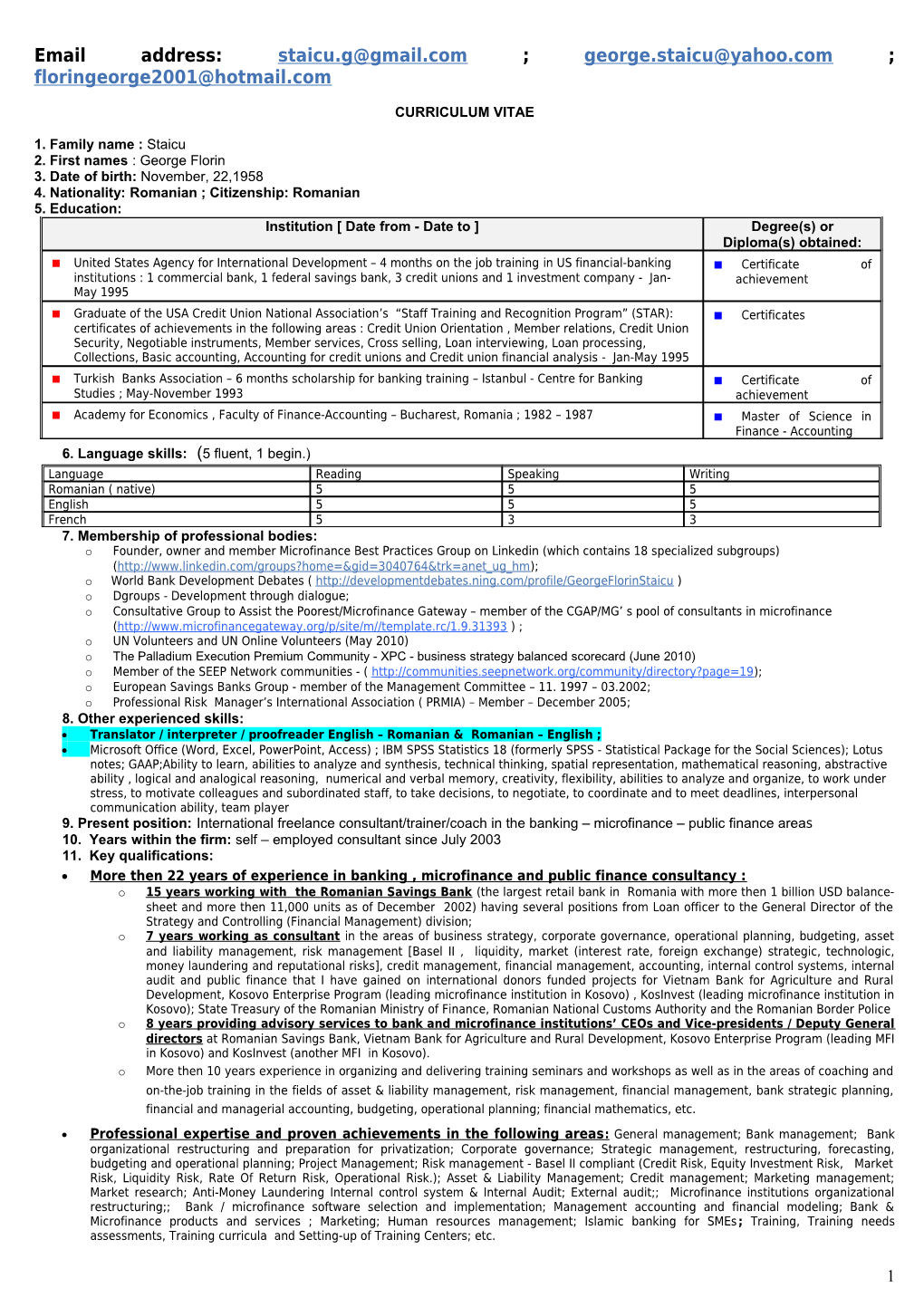 GEORGE STAICU EU CV BANK & TRAINING AREAS - Human Dynamics- Bangladesh