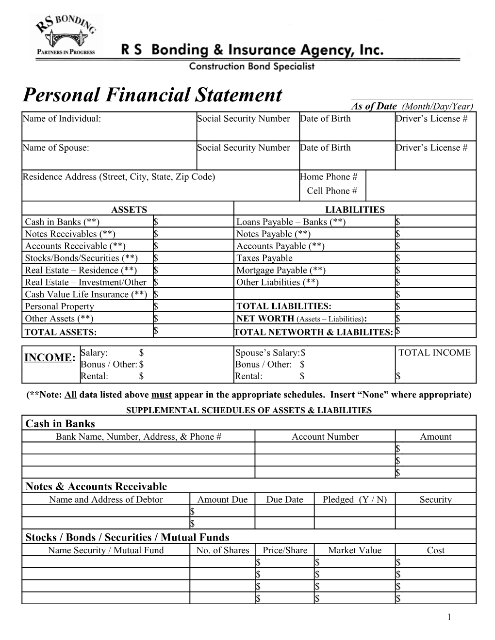 Supplemental Schedules of Assets & Liabilities