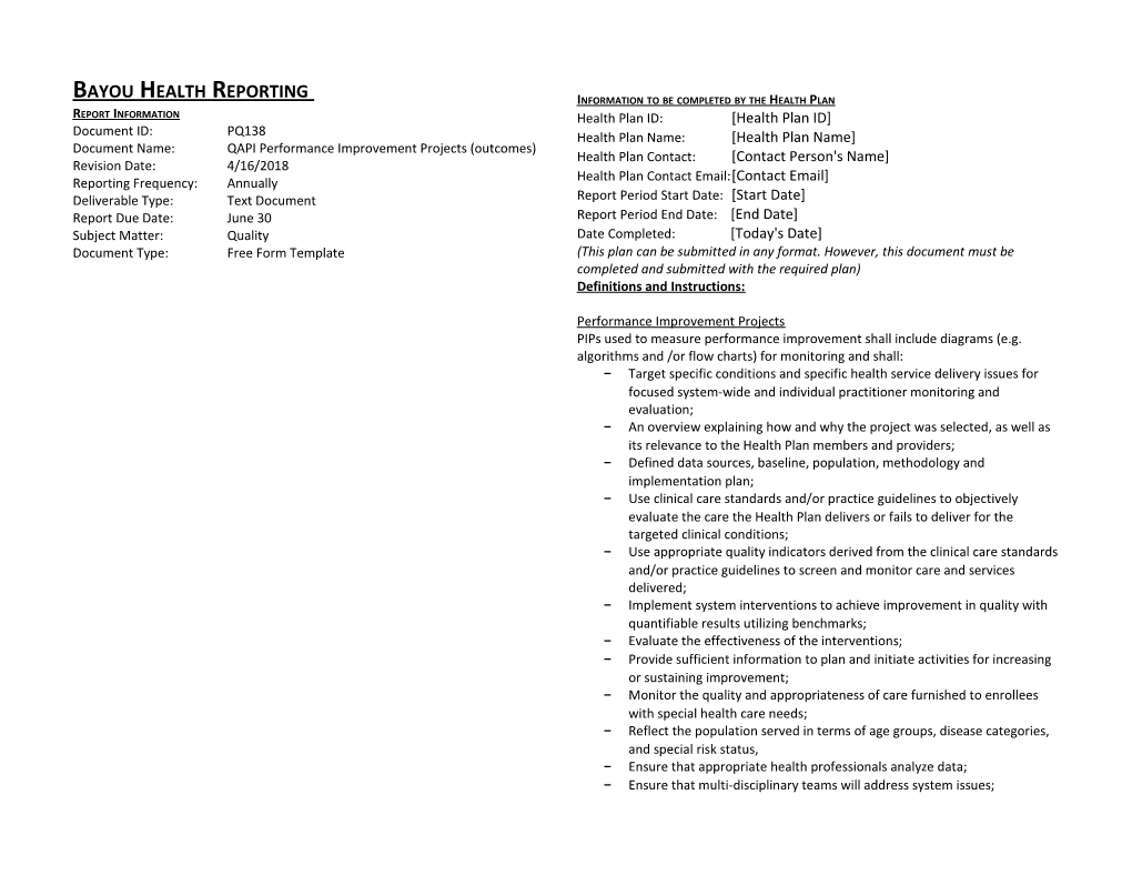 138 REVISED QAPI Performance Improvement Projects Outcomes TEMPLATE091417