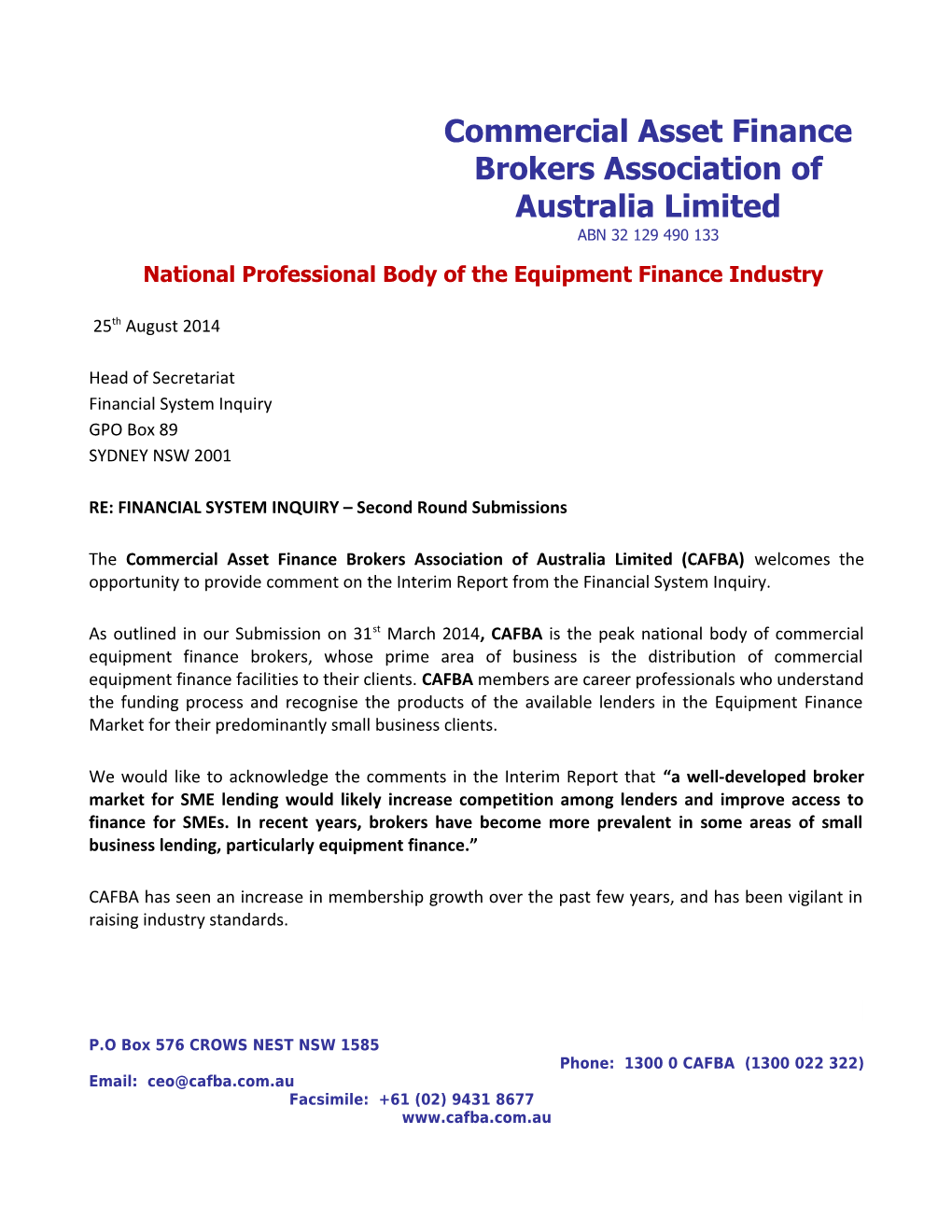 Commercial Asset Finance Brokers Association of Australia (CAFBA) - Submission to the Financial