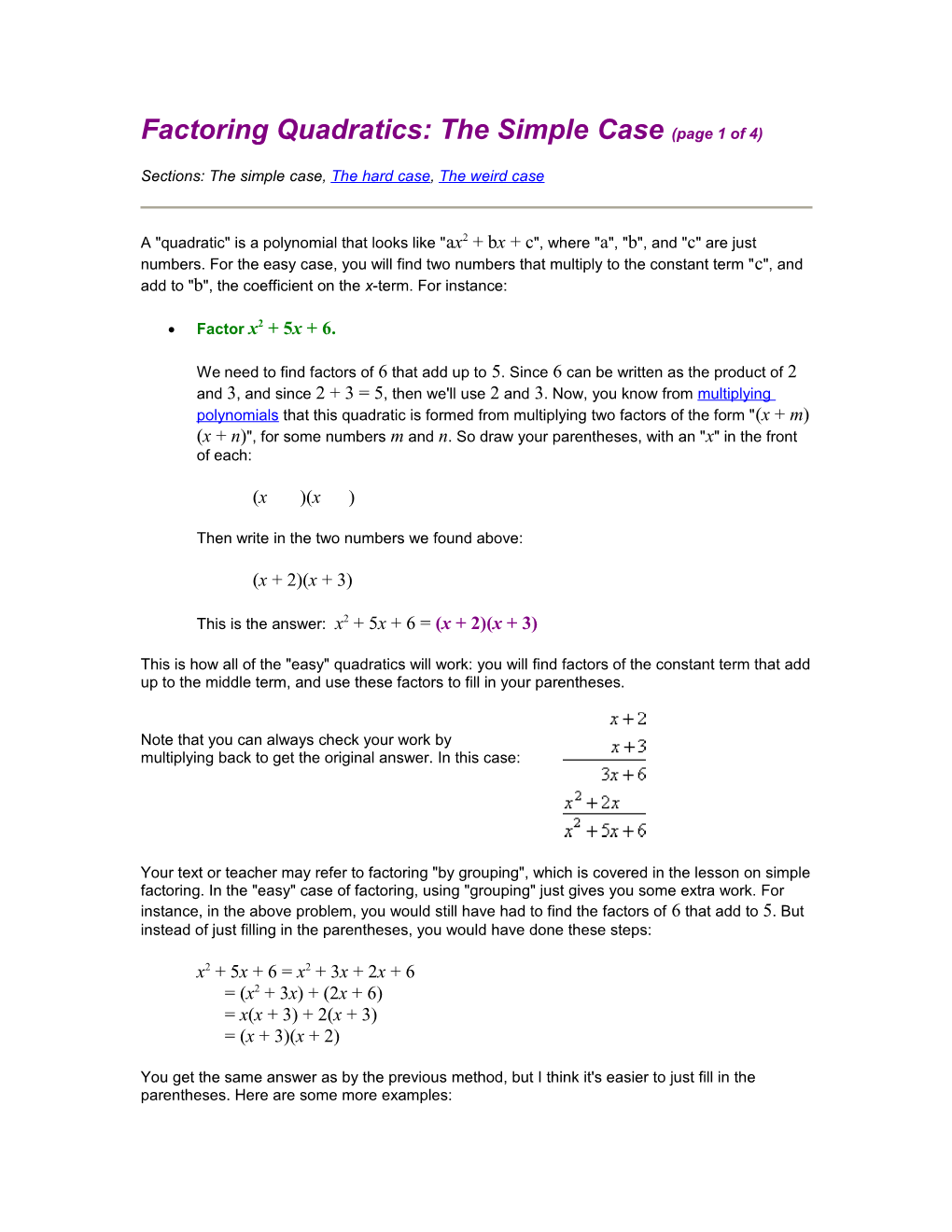 Factoring Quadratics: the Simple Case (Page 1 of 4)